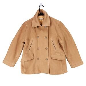 J Crew Pea Coat sz M Women Camel Beige Wool Lined Double Breasted Pockets‎ READ